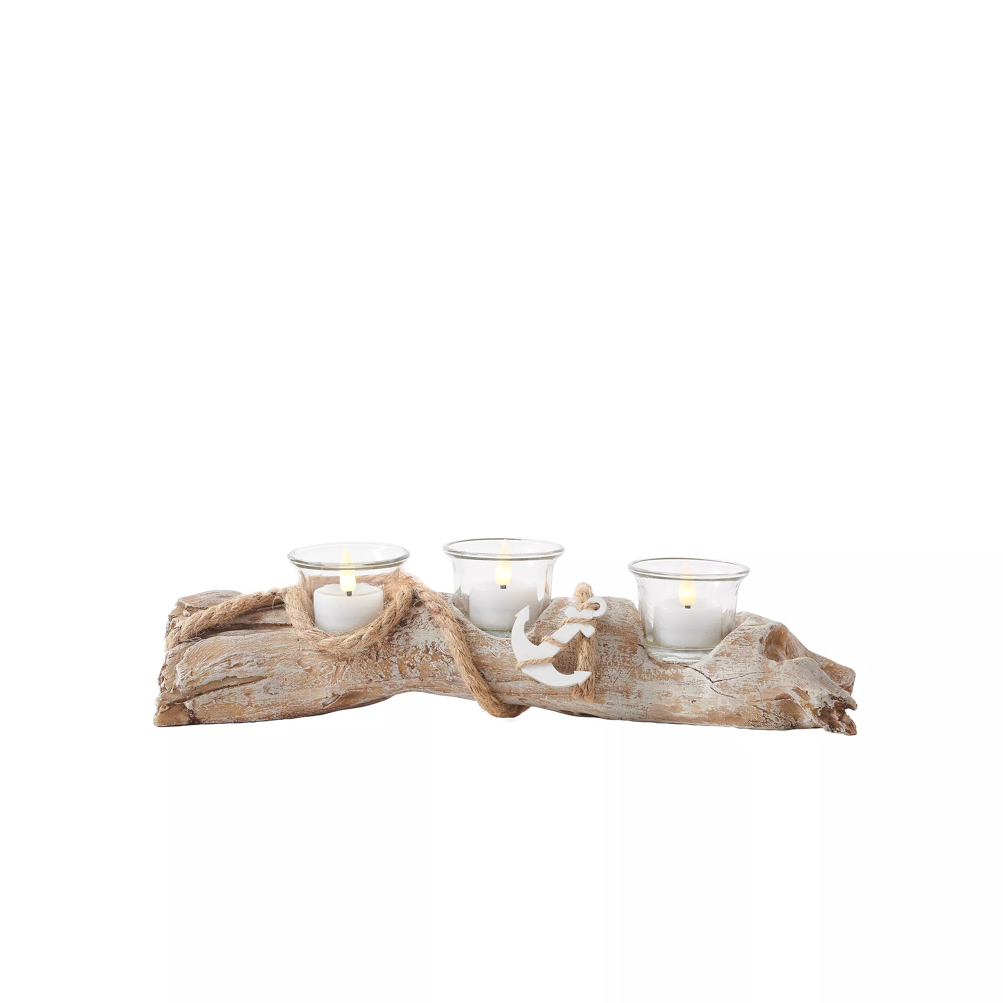 Studio 66 Anchors Centerpiece - Natural Wood Candle Holder & LED Tealights Set, Yellow