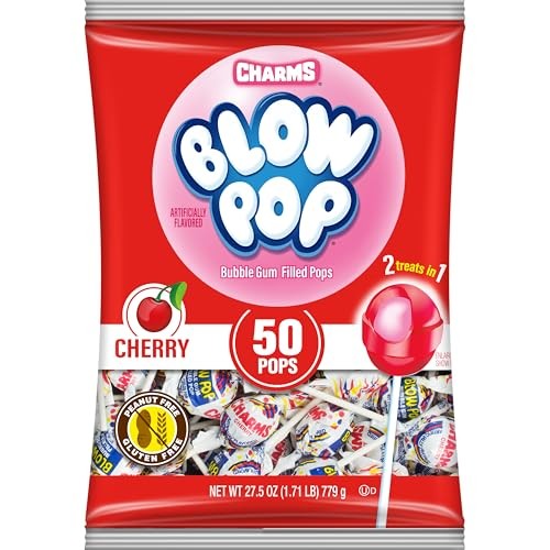 Charms Blow Pop Single Flavor Bag - Cherry Flavored Lollipops with a Bubble Gum Center - Individually Wrapped Hard Candy - Red Candy - Peanut Free, Gl