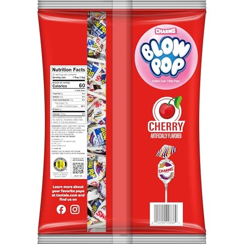 Charms Blow Pop Single Flavor Bag - Cherry Flavored Lollipops with a Bubble Gum Center - Individually Wrapped Hard Candy - Red Candy - Peanut Free, Gl thumbnail