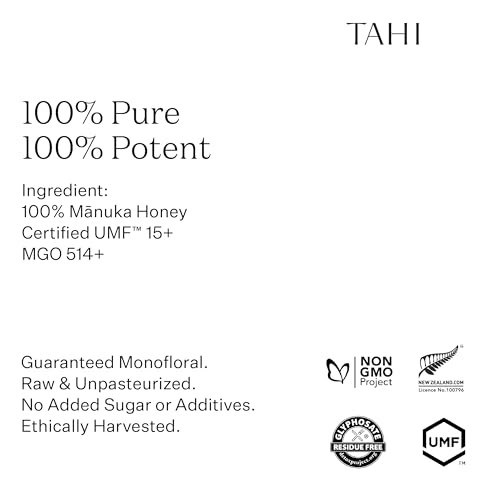 Tahi Raw Manuka Honey New Zealand UMF 15+ Certified (MGO 514+) - 100% Sustainable, Monofloral and Natural Honey - Non-GMO, Glyphosate-Free and Gluten- thumbnail
