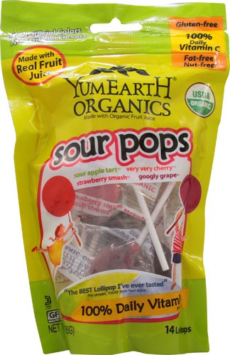 YumEarth Organics Sour Pops Lollipops, Assorted Flavors, 3 Oz., 6/Pack (270-00011)