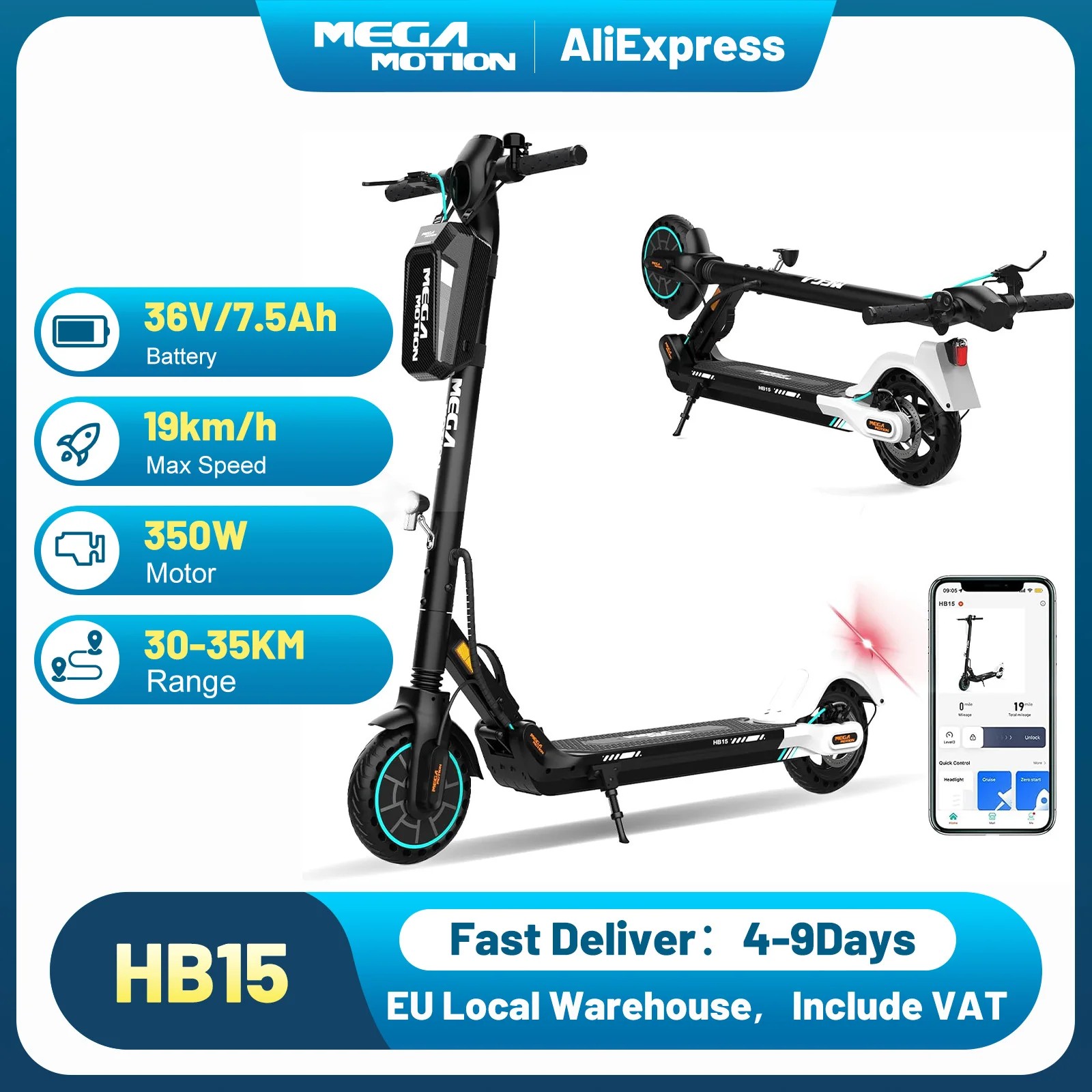 MEGA MOTION Faltbarer Elektroroller Mit App, 350-W-Motor, 30–35 Km Reichweite, 19 Km/h, 8,5-Zoll-Wabenreifen, ABS-Qualifikation