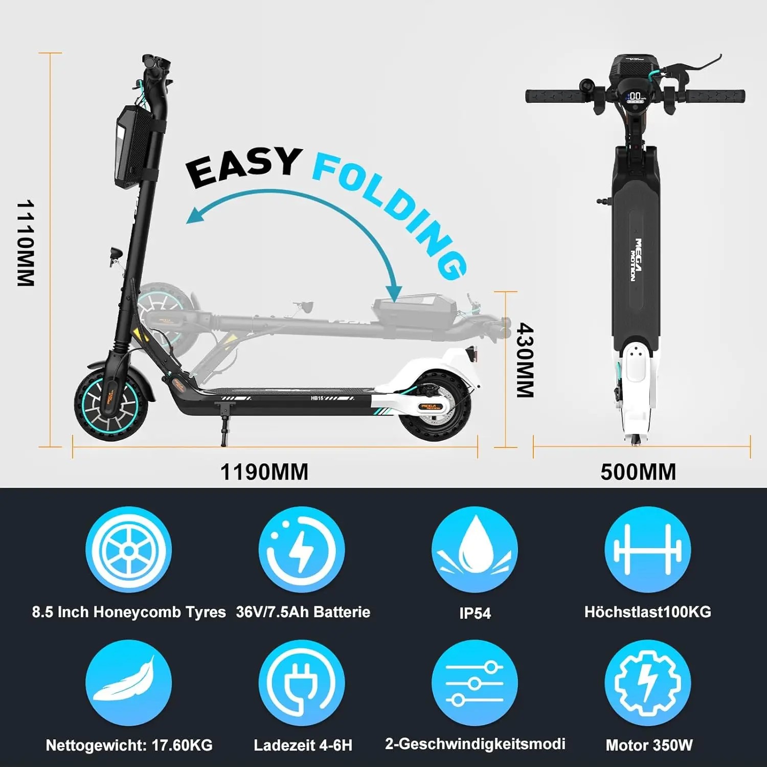 MEGA MOTION Faltbarer Elektroroller Mit App, 350-W-Motor, 30–35 Km Reichweite, 19 Km/h, 8,5-Zoll-Wabenreifen, ABS-Qualifikation thumbnail