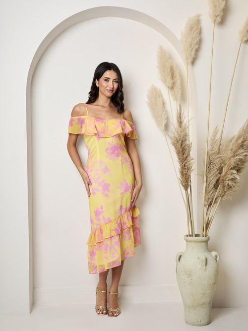 Chi Chi London Women's Off the Shoulder Frill Detail MIDI Dress in Yellow | Size: 16 thumbnail