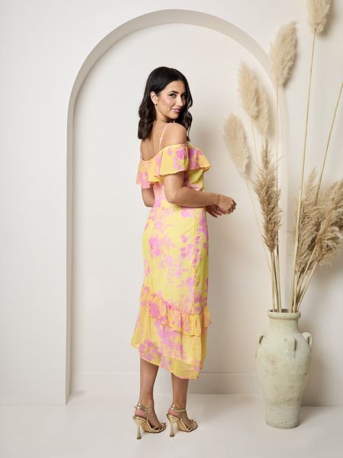 Chi Chi London Women's Off the Shoulder Frill Detail MIDI Dress in Yellow | Size: 16 thumbnail