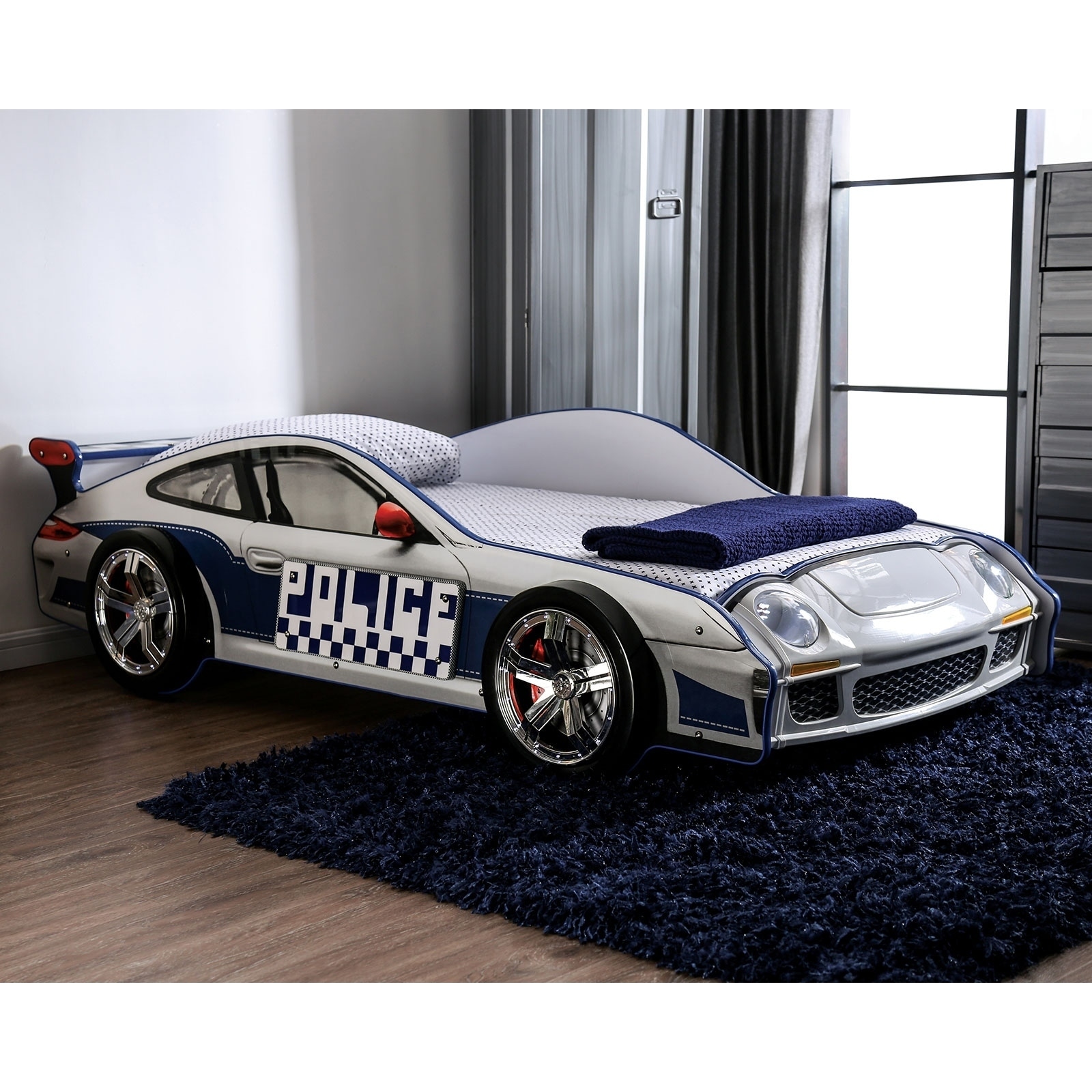 Rixi Modern White Chrome Wheel Car Kids Bed by Furniture of America