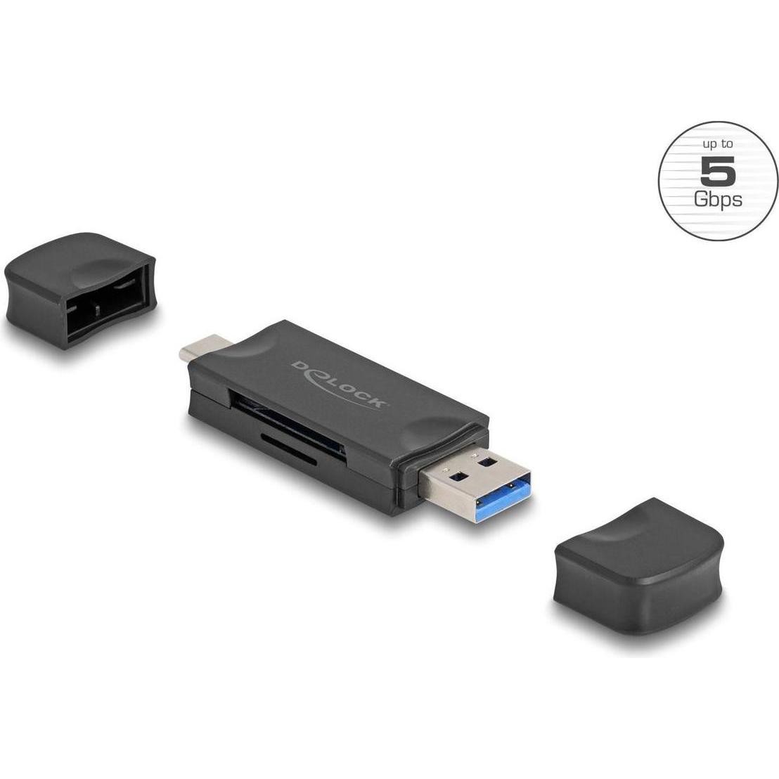 Delock Card Reader USB 5 Gbps USB Type-C / Typ-a FÃ¼r SD Und Micro SD Speicherkarten Schwarz (USB, USB-C), Lettore Di Schede Di Memoria, Nero