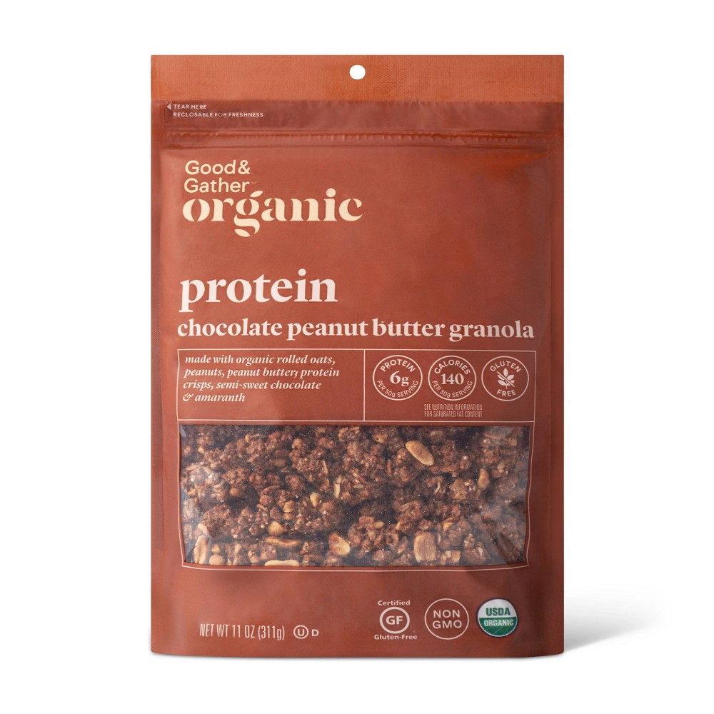 PROTEIN CHOCOLATE PEANUT BUTTER GRANOLA MADE WITH ORGANIC ROLLED OATS, PEANUTS, PEANUT BUTTER, PROTEIN CRISPS, SEMI-SWEET CHOCOLATE & AMARANTH, CHOCOLATE PEANUT BUTTER