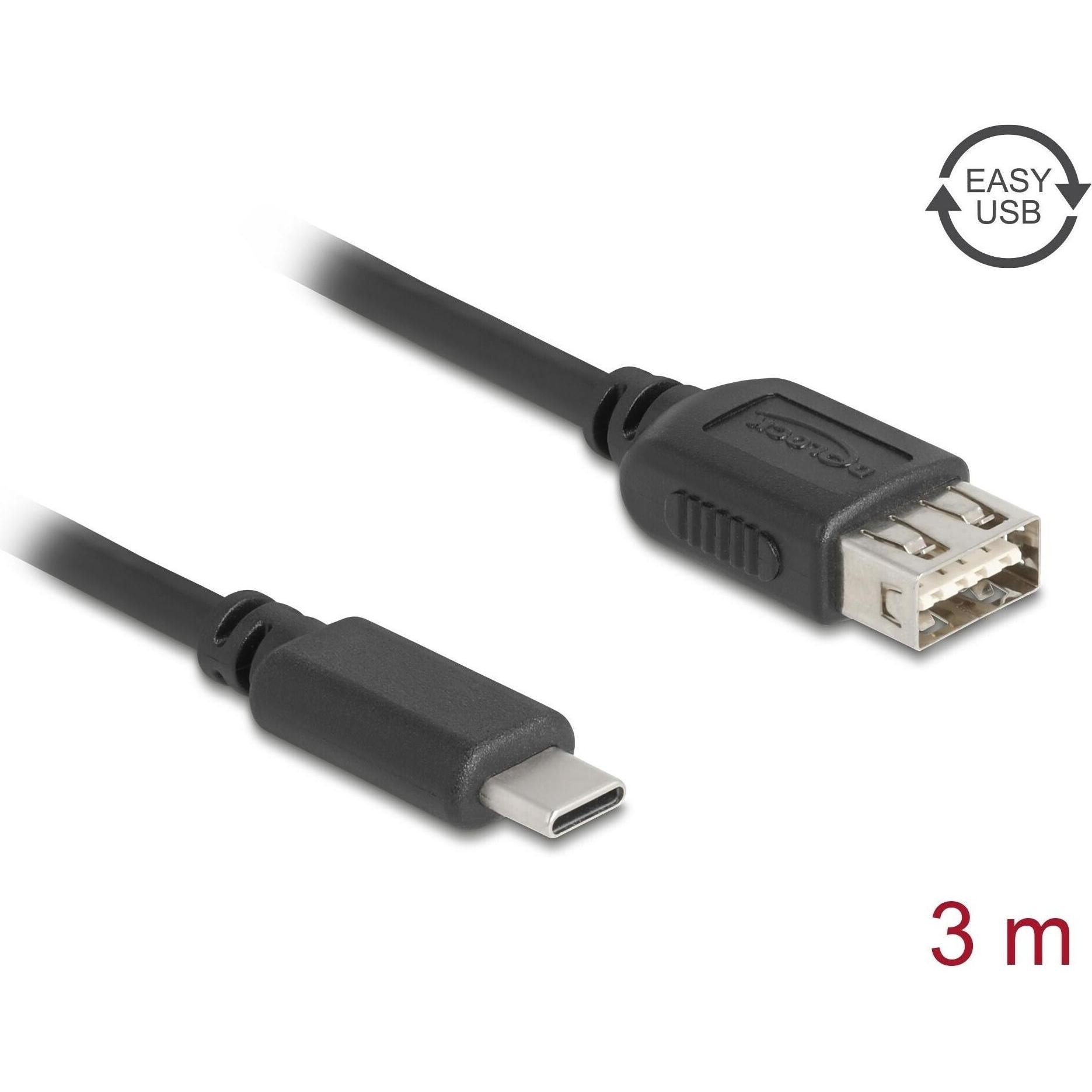 Delock USB 2.0 Kabel USB Type-C Stecker Zu EASY USB Typ-a Buchse 3 M (3m, USB 2.0), Cavo USB