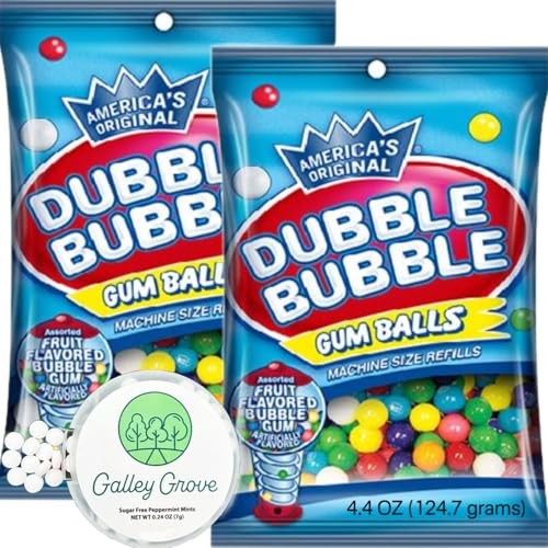 Dubble Bubble Mini Gumball Machine Refills 4.4 Oz Bag (2-Pack), 1/2 Inch 13mm Assorted Fruit Flavor Bubble Gum, Bundle with Galley Grove Sugar-Free Br