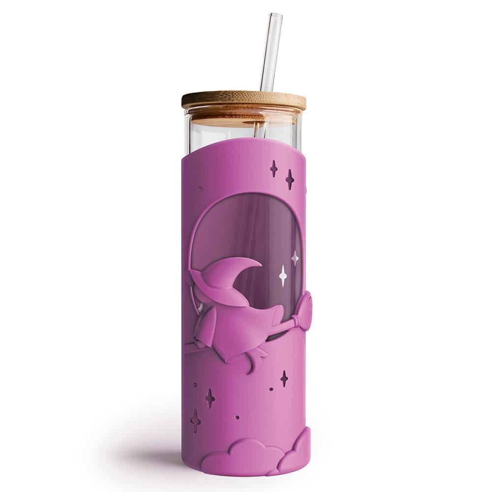 Ototo 17 Fl Oz Wicked Brew Glass Tumbler with Lid and Straw, Silicone, Glass, and Bamboo Purple