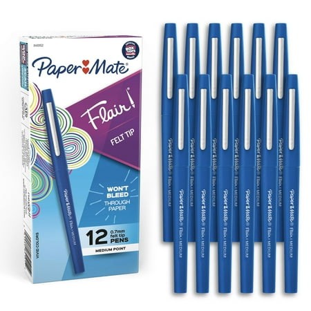 Paper Mate Flair Felt Tip Pens  Medium Point (0.7mm)  Blue  12 Count