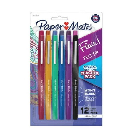 Paper Mate Flair Felt Tip Pens  Medium Point (0.7mm)  Assorted Colors  12 Count