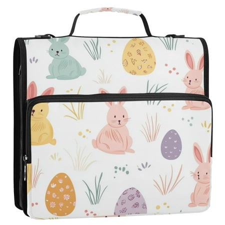 Colorful Rabbits Easter Eggs Grass Binder Bag with Shoulder Strap 3 Ring Zipper Binder File Folder Document Storage