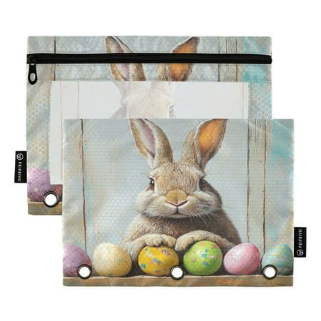 2 Pack Pencil Bag 9.84x6.1 Inch 3-Ring Page Turning Folder Zipper Pencil Case Pencil Bag Page Turning File Bag Cute Easter Brown Bunny