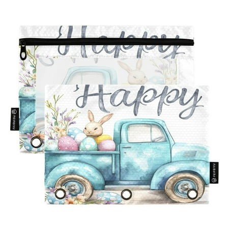 2 Pack Pencil Bag 9.84x6.1 Inch 3-Ring Page Turning Folder Zipper Pencil Case Pencil Bag Page Turning File Bag Cute Easter Bunny