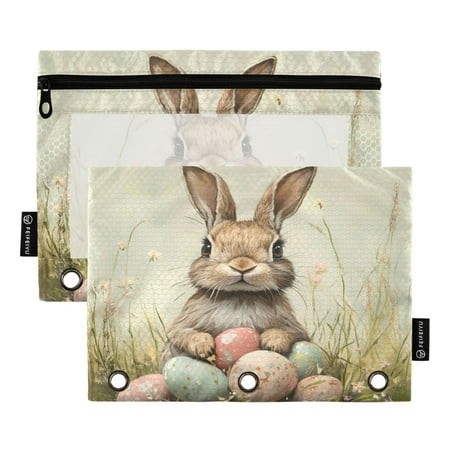 2 Pack Pencil Bag 9.84x6.1 Inch 3-Ring Page Turning Folder Zipper Pencil Case Pencil Bag Page Turning File Bag Cute Bunny at Easter