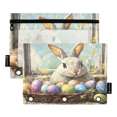 2 Pack Pencil Bag 9.84x6.1 Inch 3-Ring Page Turning Folder Zipper Pencil Case Pencil Bag Page Turning File Bag Cute Easter Bunny and Eggs