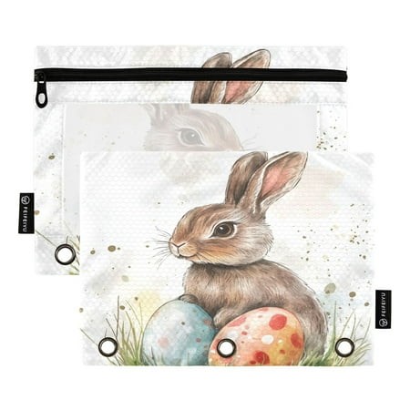 2 Pack Pencil Bag 9.84x6.1 Inch 3-Ring Page Turning Folder Zipper Pencil Case Pencil Bag Page Turning File Bag Easter Grey Rabbit