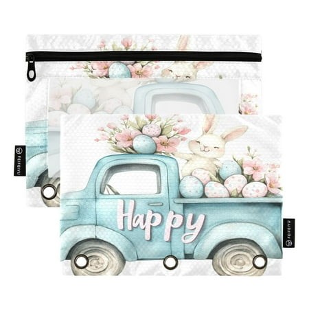 2 Pack Pencil Bag 9.84x6.1 Inch 3-Ring Page Turning Folder Zipper Pencil Case Pencil Bag Page Turning File Bag Pretty Easter Bunny