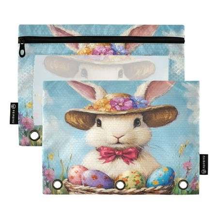 2 Pack Pencil Bag 9.84x6.1 Inch 3-Ring Page Turning Folder Zipper Pencil Case Pencil Bag Page Turning File Bag Easter Hat Rabbit