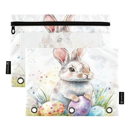 2 Pack Pencil Bag 9.84x6.1 Inch 3-Ring Page Turning Folder Zipper Pencil Case Pencil Bag Page Turning File Bag Easter Watercolor Rabbit