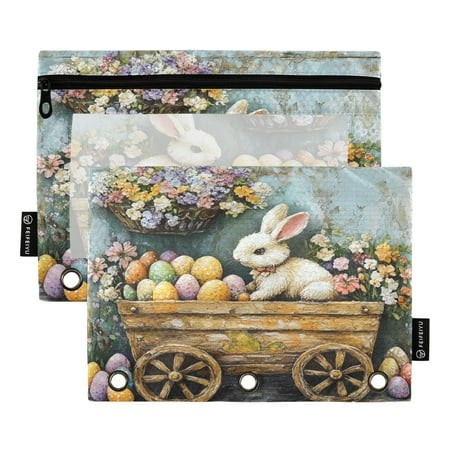 2 Pack Pencil Bag 9.84x6.1 Inch 3-Ring Page Turning Folder Zipper Pencil Case Pencil Bag Page Turning File Bag Easter Painting Bunny