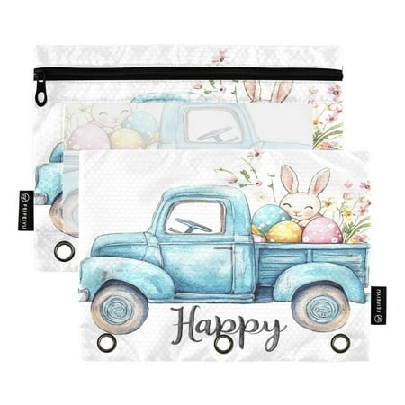2 Pack Pencil Bag 9.84x6.1 Inch 3-Ring Page Turning Folder Zipper Pencil Case Pencil Bag Page Turning File Bag Cute Bunny Easter