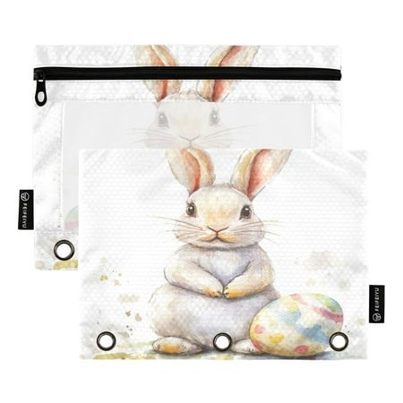 2 Pack Pencil Bag 9.84x6.1 Inch 3-Ring Page Turning Folder Zipper Pencil Case Pencil Bag Page Turning File Bag Easter Cartoon Rabbit