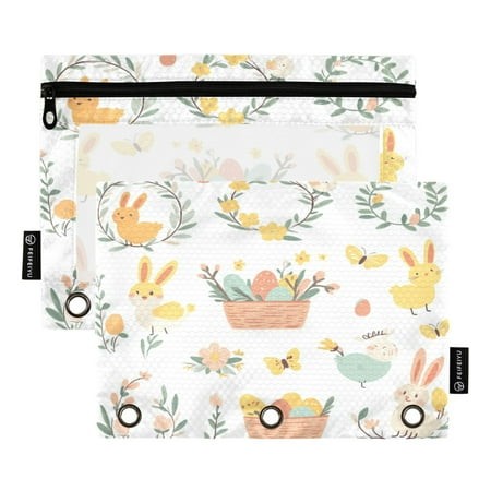 2 Pack Pencil Bag 9.84x6.1 Inch 3-Ring Page Turning Folder Zipper Pencil Case Pencil Bag Page Turning File Bag Cartoon Easter Elements