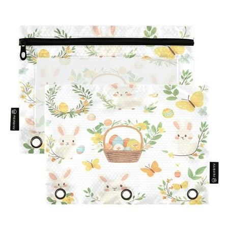 2 Pack Pencil Bag 9.84x6.1 Inch 3-Ring Page Turning Folder Zipper Pencil Case Pencil Bag Page Turning File Bag Easter Element