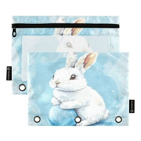 2 Pack Pencil Bag 9.84x6.1 Inch 3-Ring Page Turning Folder Zipper Pencil Case Pencil Bag Page Turning File Bag Blue Easter Bunny