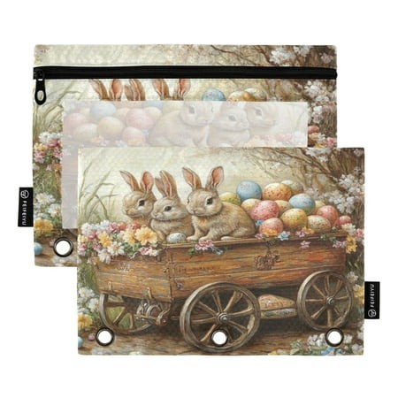 2 Pack Pencil Bag 9.84x6.1 Inch 3-Ring Page Turning Folder Zipper Pencil Case Pencil Bag Page Turning File Bag Three Easter Bunnies