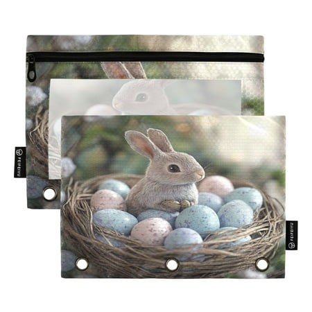 2 Pack Pencil Bag 9.84x6.1 Inch 3-Ring Page Turning Folder Zipper Pencil Case Pencil Bag Page Turning File Bag Easter Bunny and Egg