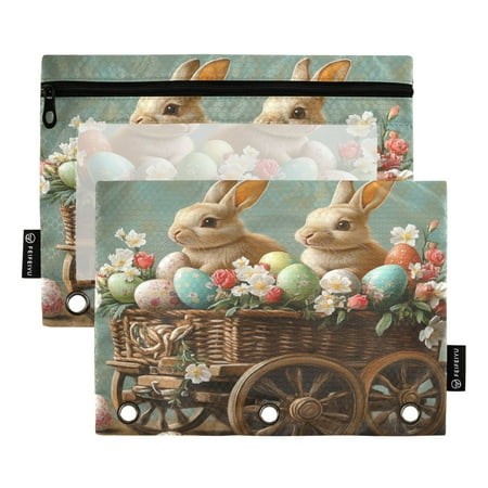 2 Pack Pencil Bag 9.84x6.1 Inch 3-Ring Page Turning Folder Zipper Pencil Case Pencil Bag Page Turning File Bag Easter Wagon Bunny