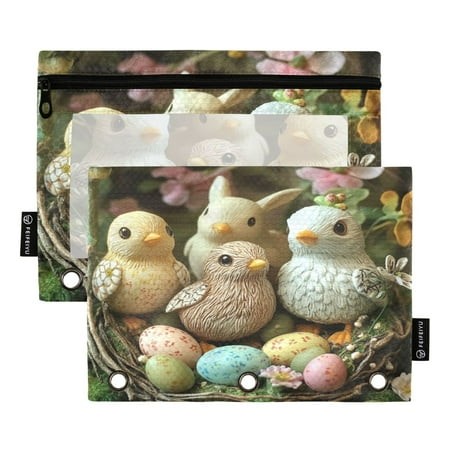 2 Pack Pencil Bag 9.84x6.1 Inch 3-Ring Page Turning Folder Zipper Pencil Case Pencil Bag Page Turning File Bag Easter Birds and Eggs