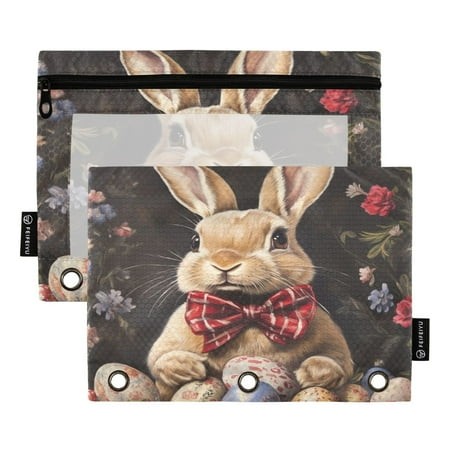 2 Pack Pencil Bag 9.84x6.1 Inch 3-Ring Page Turning Folder Zipper Pencil Case Pencil Bag Page Turning File Bag Easter Brown Rabbit