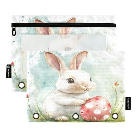 2 Pack Pencil Bag 9.84x6.1 Inch 3-Ring Page Turning Folder Zipper Pencil Case Pencil Bag Page Turning File Bag Easter White Rabbit