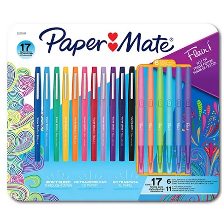 Paper Mate Flair Felt Tip Pens  Medium and Dual-Brush Tip  Assorted Colors  17 Count