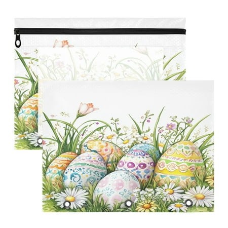 Easter Eggs Flowers A4 Pencil Pouch 3 Ring Zipper Pencil Pouches Pencil Case for Binder Cosmetic Bag 2 Pack