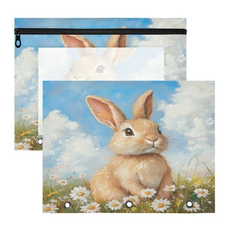 Easter Rabbit Flowers A4 Pencil Pouch 3 Ring Zipper Pencil Pouches Pencil Case for Binder Cosmetic Bag 2 Pack