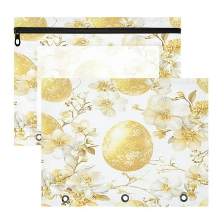 Gold Easter Eggs Flowers A4 Pencil Pouch 3 Ring Zipper Pencil Pouches Pencil Case for Binder Cosmetic Bag 2 Pack