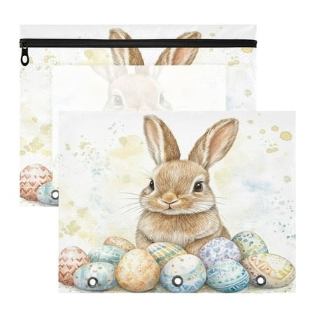Bunny Easter Eggs Rabbit A4 Pencil Pouch 3 Ring Zipper Pencil Pouches Pencil Case for Binder Cosmetic Bag 2 Pack