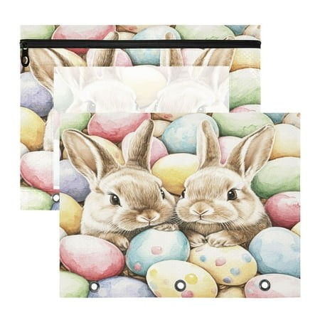 Easter Eggs Bunnies A4 Pencil Pouch 3 Ring Zipper Pencil Pouches Pencil Case for Binder Cosmetic Bag 2 Pack