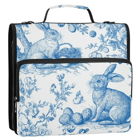 Blue Ink Rabbits Eggs Flowers Easter Binder Bag with Shoulder Strap 3 Ring Zipper Binder File Folder Document Storage