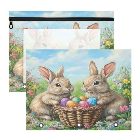 Easter Eggs and Rabbits A4 Pencil Pouch 3 Ring Zipper Pencil Pouches Pencil Case for Binder Cosmetic Bag 2 Pack