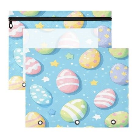 Easter Eggs Stars A4 Pencil Pouch 3 Ring Zipper Pencil Pouches Pencil Case for Binder Cosmetic Bag 2 Pack