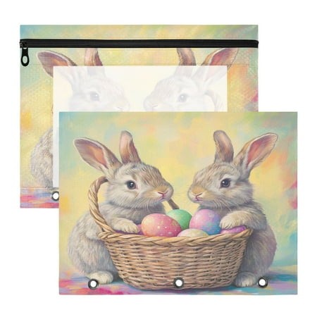 Easter Eggs Rabbits A4 Pencil Pouch 3 Ring Zipper Pencil Pouches Pencil Case for Binder Cosmetic Bag 2 Pack