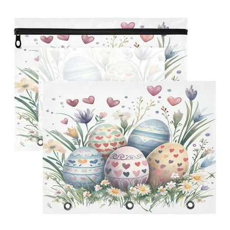 Easter Eggs Hearts A4 Pencil Pouch 3 Ring Zipper Pencil Pouches Pencil Case for Binder Cosmetic Bag 2 Pack