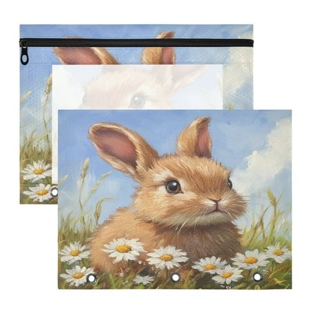 Easter Rabbit Flowers Daisy A4 Pencil Pouch 3 Ring Zipper Pencil Pouches Pencil Case for Binder Cosmetic Bag 2 Pack